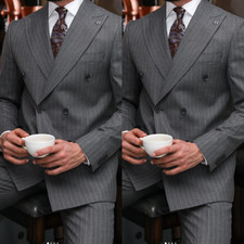 Dark Grey Men's Striped Suit Peak Lapel Business Jacket Workwear Offical 2Pcs