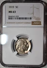 NGC MS-63 1919-P Buffalo Nickel, Highly Lustrous, Tougher Date specimen.