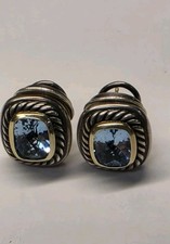 David Yurman Sterling Silver & 14k Gold Medium Blue Topaz Albion Omega Earrings 