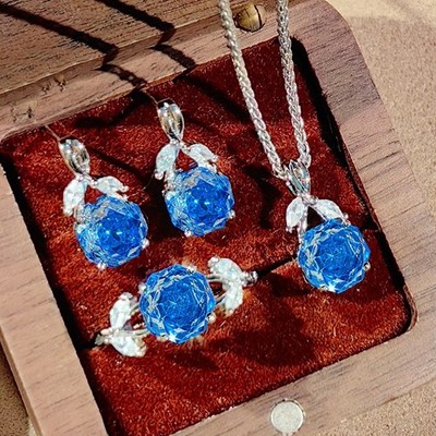 3pc Rose Cut Klein Blue Topaz Gemstone Women Jewelry Set Necklace Earring Ring