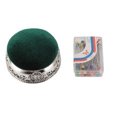 Vintage Half Ball Pincushion Silver Metal Base Green Soft Sewing Needle Holder