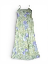 Vintage 90s Floral Slip Dress Maxi Green Purple Roses Bias Cut Satin USA Size 3