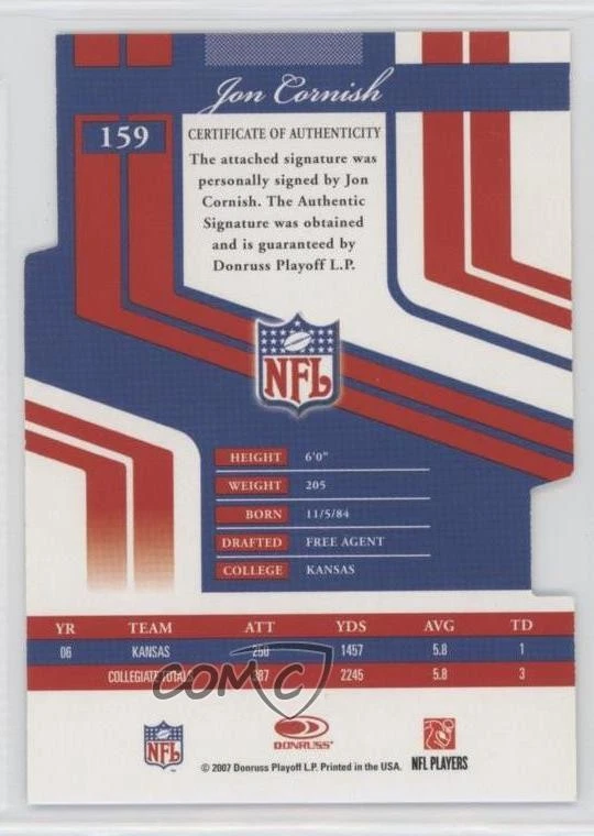 2007 Donruss Elite Status Gold Die-Cut /24 Jon Cornish #159 Rookie Auto RC - Image 2 of 2