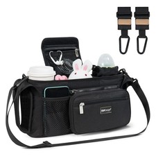 Black Universal Baby Stroller Organizer, Caddy, Insulated Cup Holders, Hooks