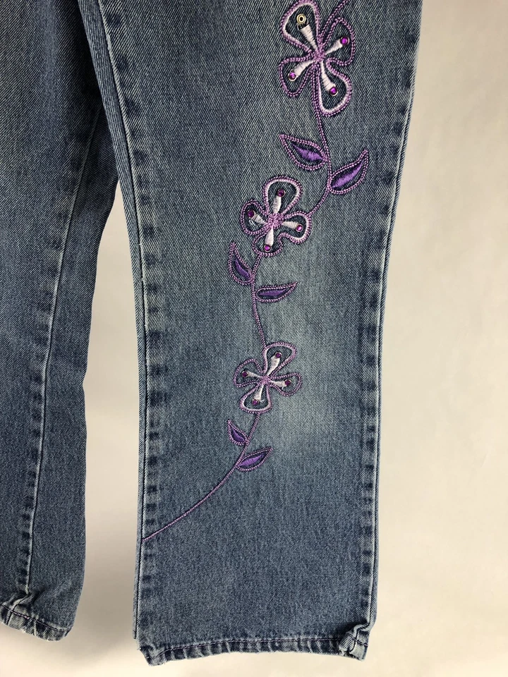 Girls 8 Vintage Flared Jordache Jeans Embroider Denim High Waist Flower Hippie - Image 3 of 4