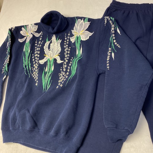 Felpa donna vintage dipinta a mano arte floreale collo tartaruga stile anni 80 90 - Foto 3 di 16