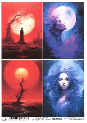 Reispapier A4 Strohseide Decoupage Frau Mond mystisch Traum Baum rot RE4068
