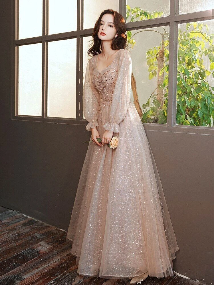 Long sleeve top tulle prom dress