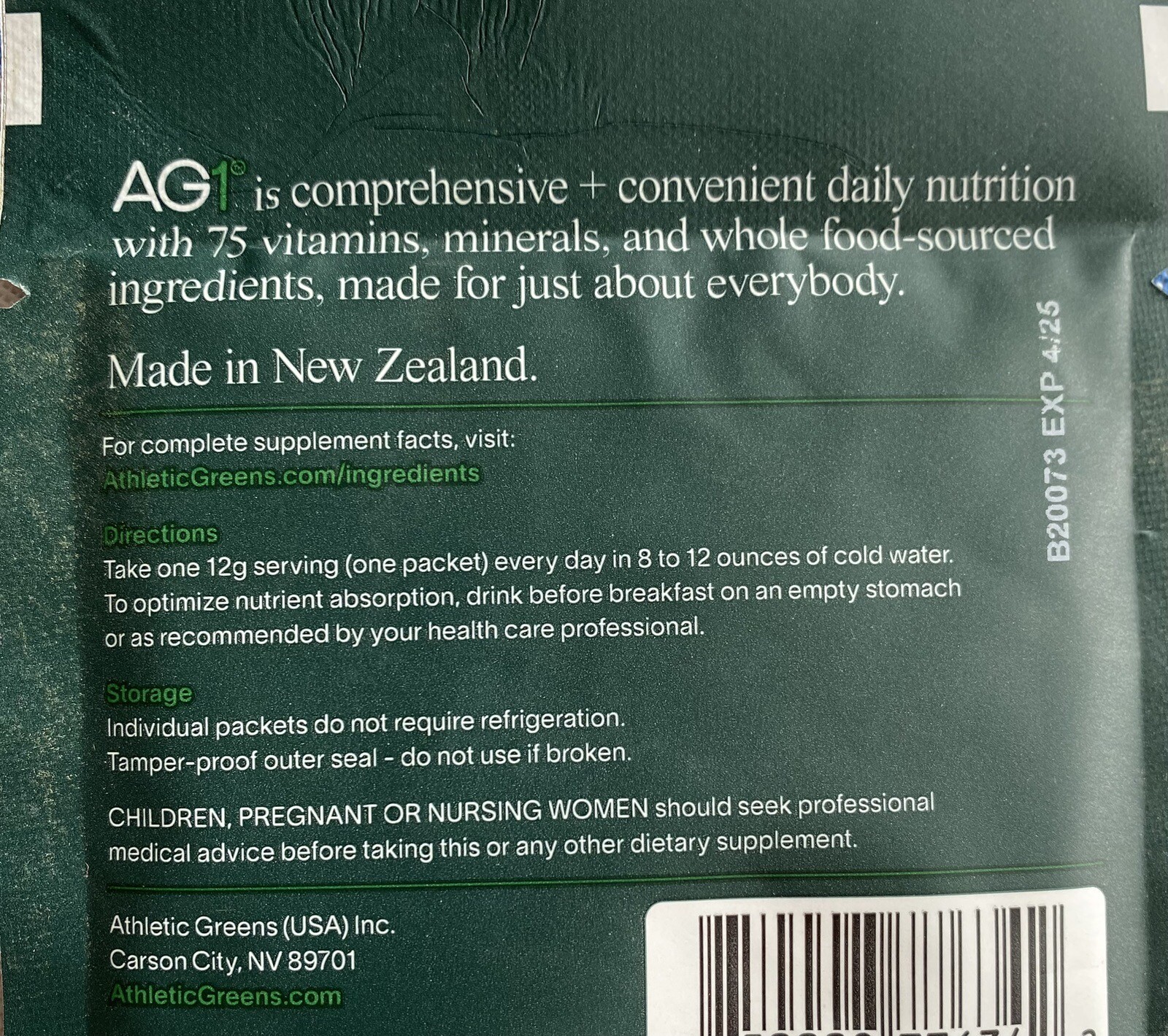 NEW Athletic Greens 1 Single Serving Travel Packet AG1 FREE SHIP Exp 4/