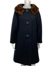 Vintage Michel Daniel Paris France Friezette Women's Black Fur Trim Coat Size M