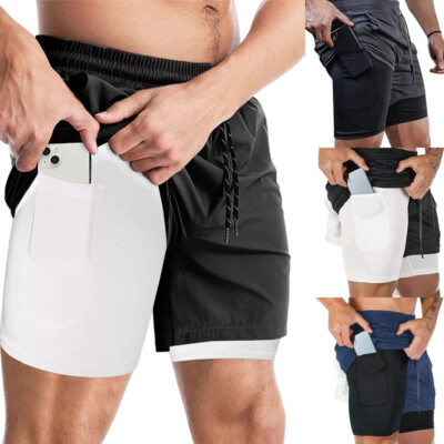 Herren 2 in 1 Sports Shorts Quick Dry Kurz Athletic Workout mit Telefontaschen 