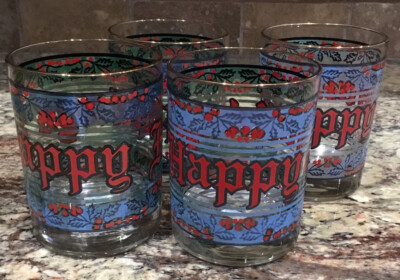 FOUR(4) HOUZE HAPPY HOLIDAYS HTF BLUE BAND GOLD TRIM DOF BAR GLASSES 4 1/4 T