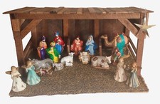 Vintage Nativity Set Wood Stable Hand Painted Ceramic/Porcelain Figures 20 Piece