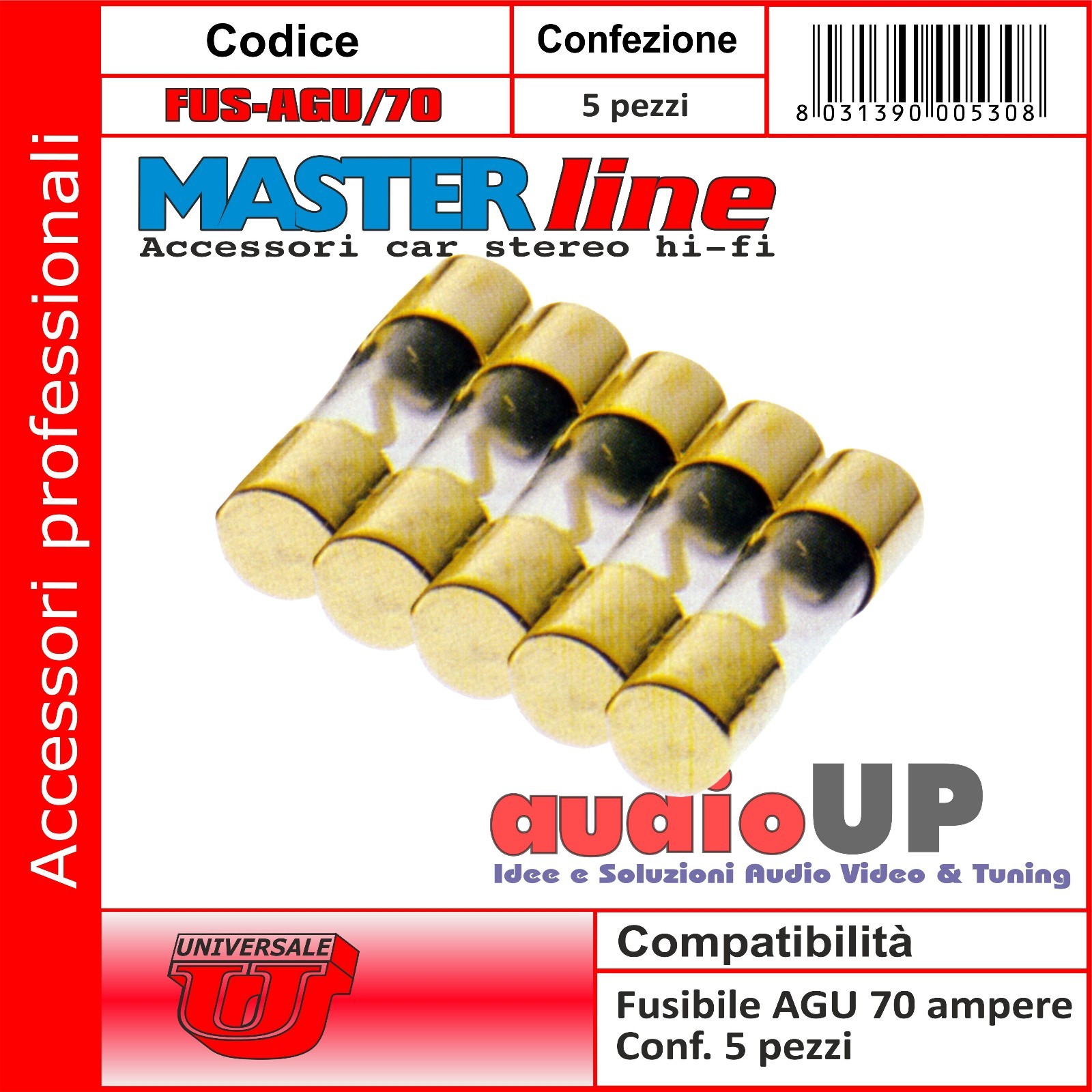 FUSIBILE 70A AGU APPLICAZIONI AUDIO DORATO IN VETRO. FUSIBILI CAR AUDIO