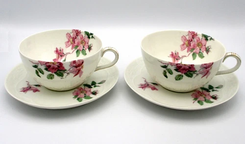 Antique H & Co for Abram French & Co 2 Oversized Cup & Saucers Basketweave Edge