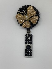 Jewelry Bling ID Badge Reel Gold Butterfly With Black Rhinestones Handmade
