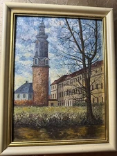 Vintage GW "Tower And Building Landscape Scene" Oil Painting - Signed And Framed