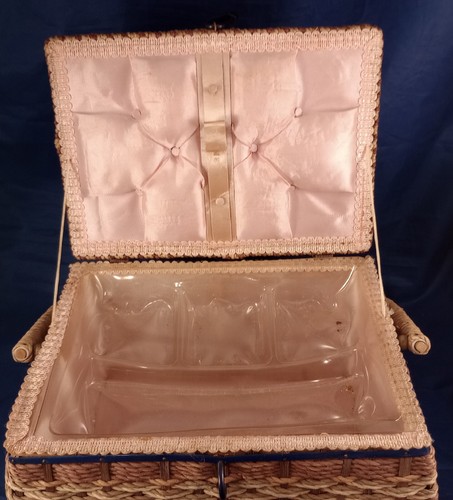 Vintage Wicker Rattan Handled Sewing Box Basket Satin Lining and Tray - Picture 2 of 4