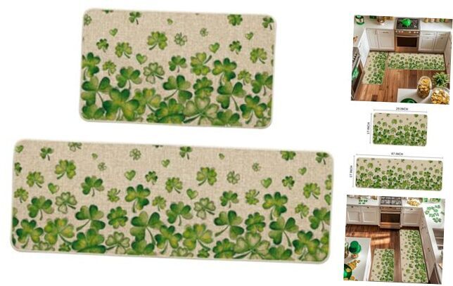 Shamrock St Patricks Day Kitchen Mats Set of 2 Lucky Low Profile Home Decor