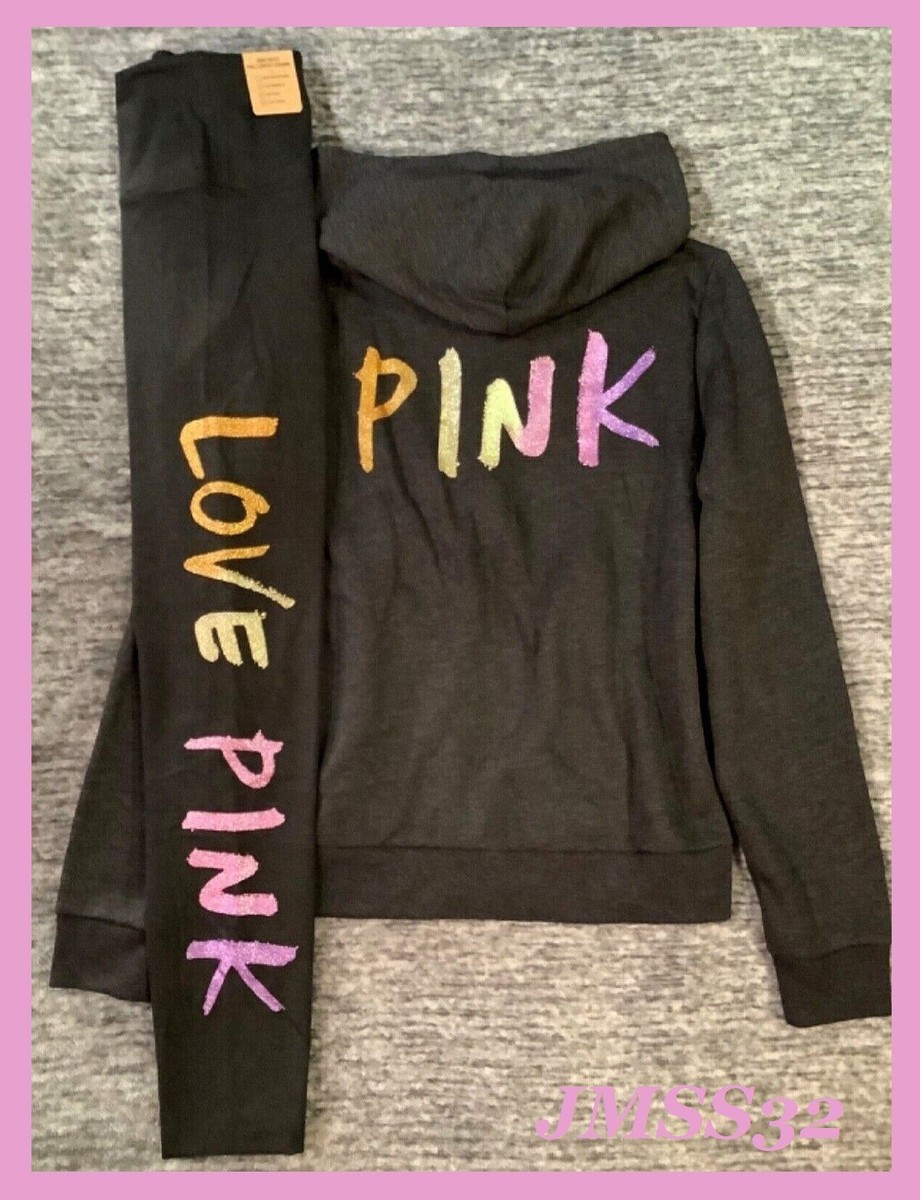 Sweat à Capuche Victoria's Secret Pink 'Rare Rose Bling' - Fausse Fourrure, Fermeture éclair Complète, Col En Entonnoir, Noir, Neuf Avec étiquette