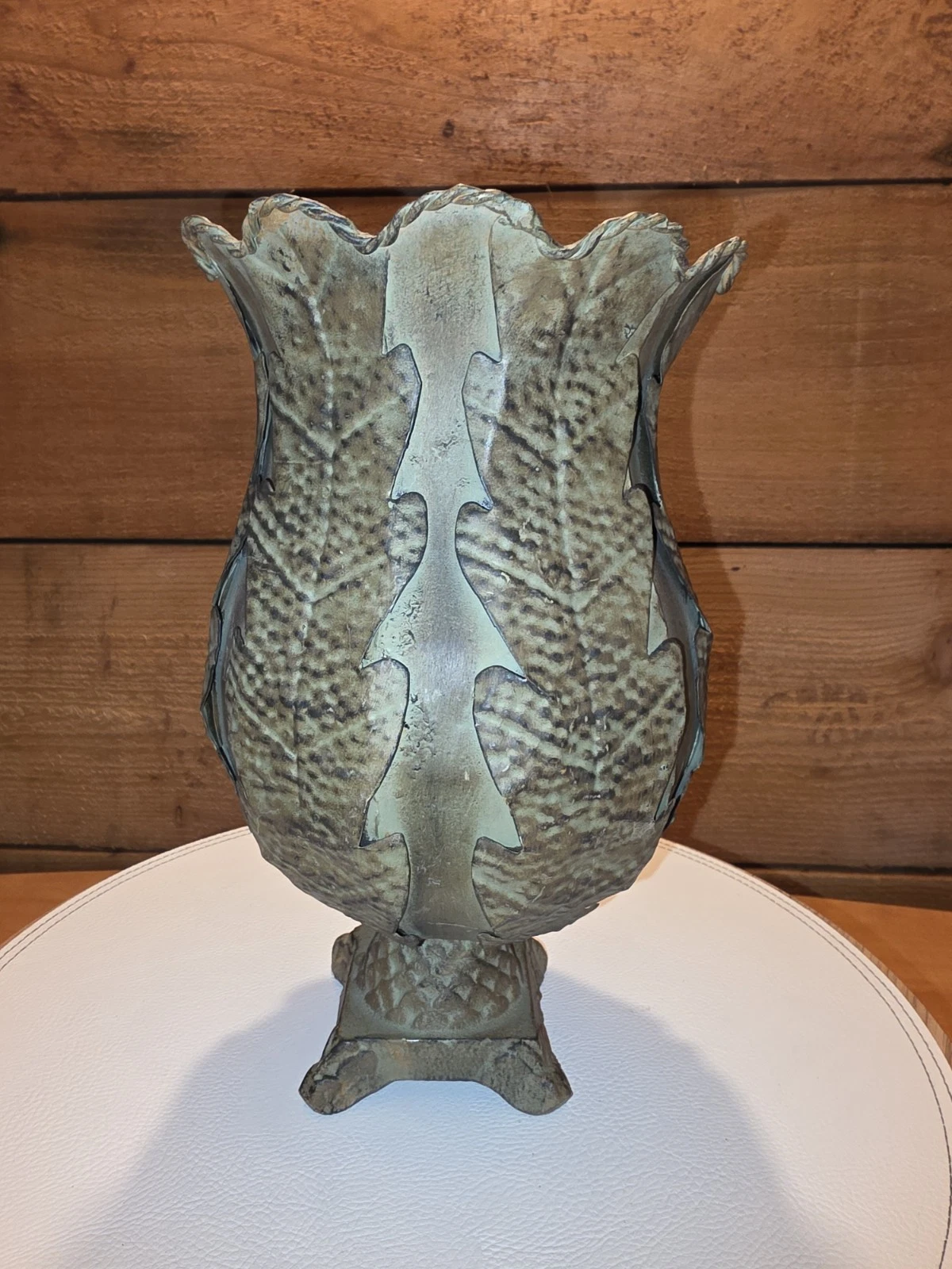 Unique Antique Finish Vase. Leaf-like Rustic Finish.Pedestal Base. Scalloped Rim
