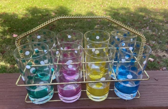 SET OF 8 RARE VINTAGE SIGNED FRED PRESS BUBBLE GLASSES WHITE TRIM 1950'S BARWARE