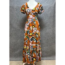 ModCloth Floral Maxi Dress Rust Orange Pink V-Neck Puff Sleeve Summer Small
