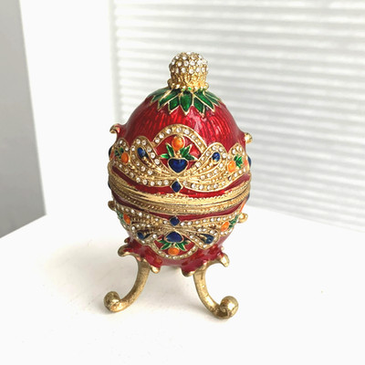 Sammlerstück Emaille Gold, Grün & Rot Ei Schmuckschatulle, Geschenk in Box 9,5 cm