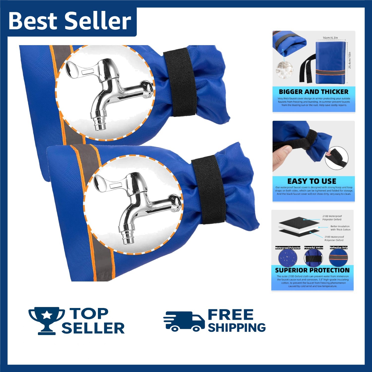 Outdoor Faucet Cover for Winter, 3M Thinsulate Spigot 10H x 6.3W - 2pcs, Blue