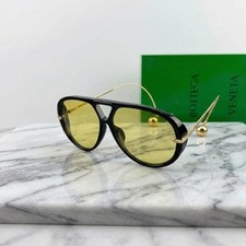 Bottega Veneta BV1273S Black Frame Yellow Lens Gold Temple Sunglasses New