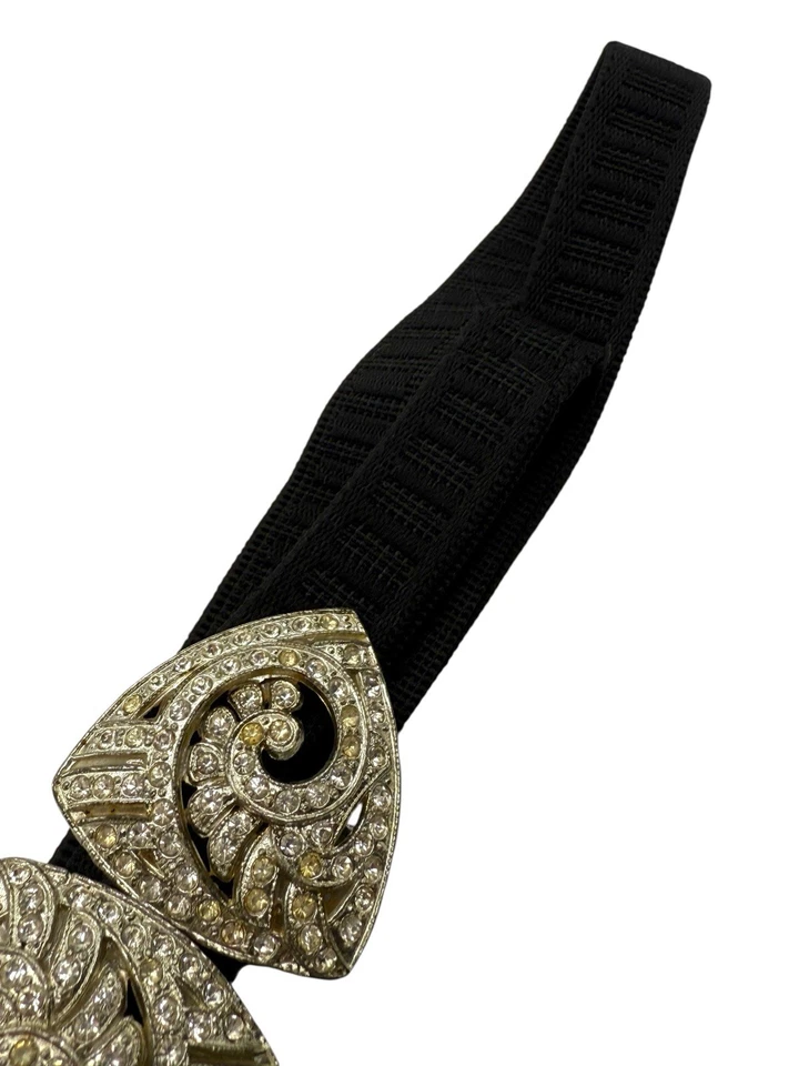 Antique Art Deco Clear Paste Stones Belt Buckle w/ Black Elastic Waist Belt  - Image 3 of 4