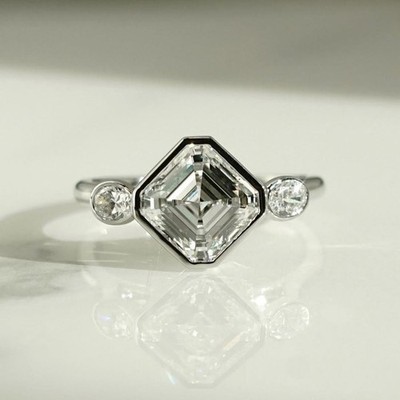 3 CT Asscher Cut Bezel Moissanite Engagement Ring 14K White Gold Plated For Her