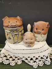 Vintage UCTCI Pottery Pig Canister,bell And Vase, Earthtones