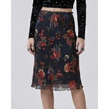 Vintage 90s HeartSoul Whimsigoth Floral Midi Skirt Black Boho Grunge Medium