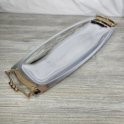 Vintage Kromex Serving Trinket Tray Rectangle Chrome Brass Handles USA MCM