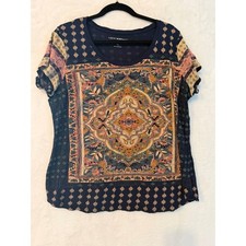 Lucky Brand Women 1X Navy Blue Medallion Print Boho Short Sleeve Top 7QP8364