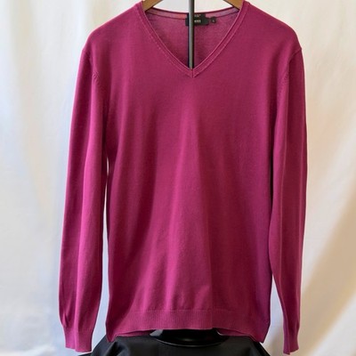 BOSS Hugo Boss Herren Pullover V-Ausschnitt Gr. L Baumwolle Magenta Beere TOP