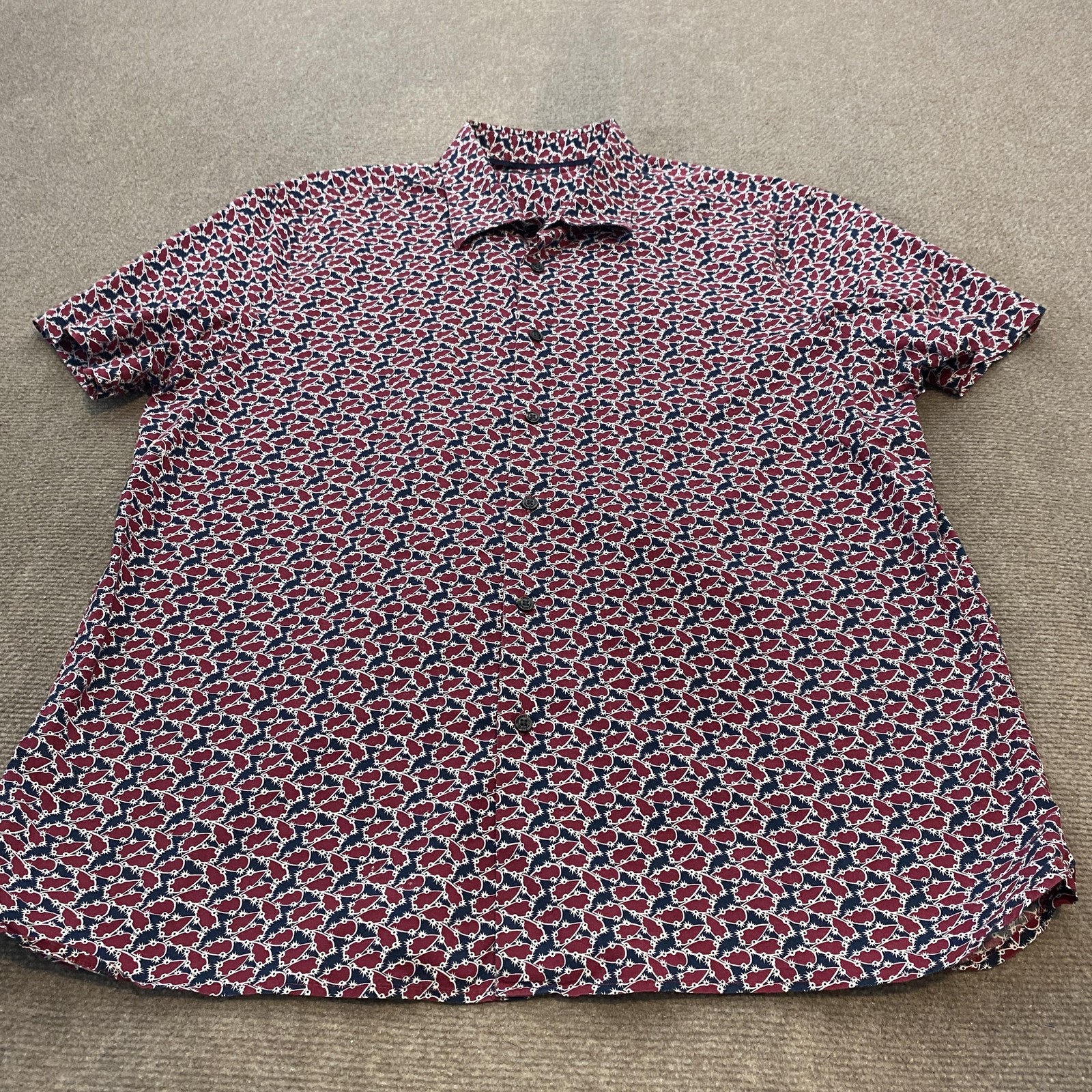 Perry Ellis Shirt Mens XL Red Blue Stretch Short Sleeve Button Up Print Casual