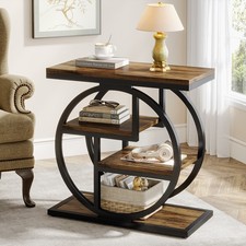 End Table for Living Room,Industrial Narrow Wood Side Table with Storage Shelves
