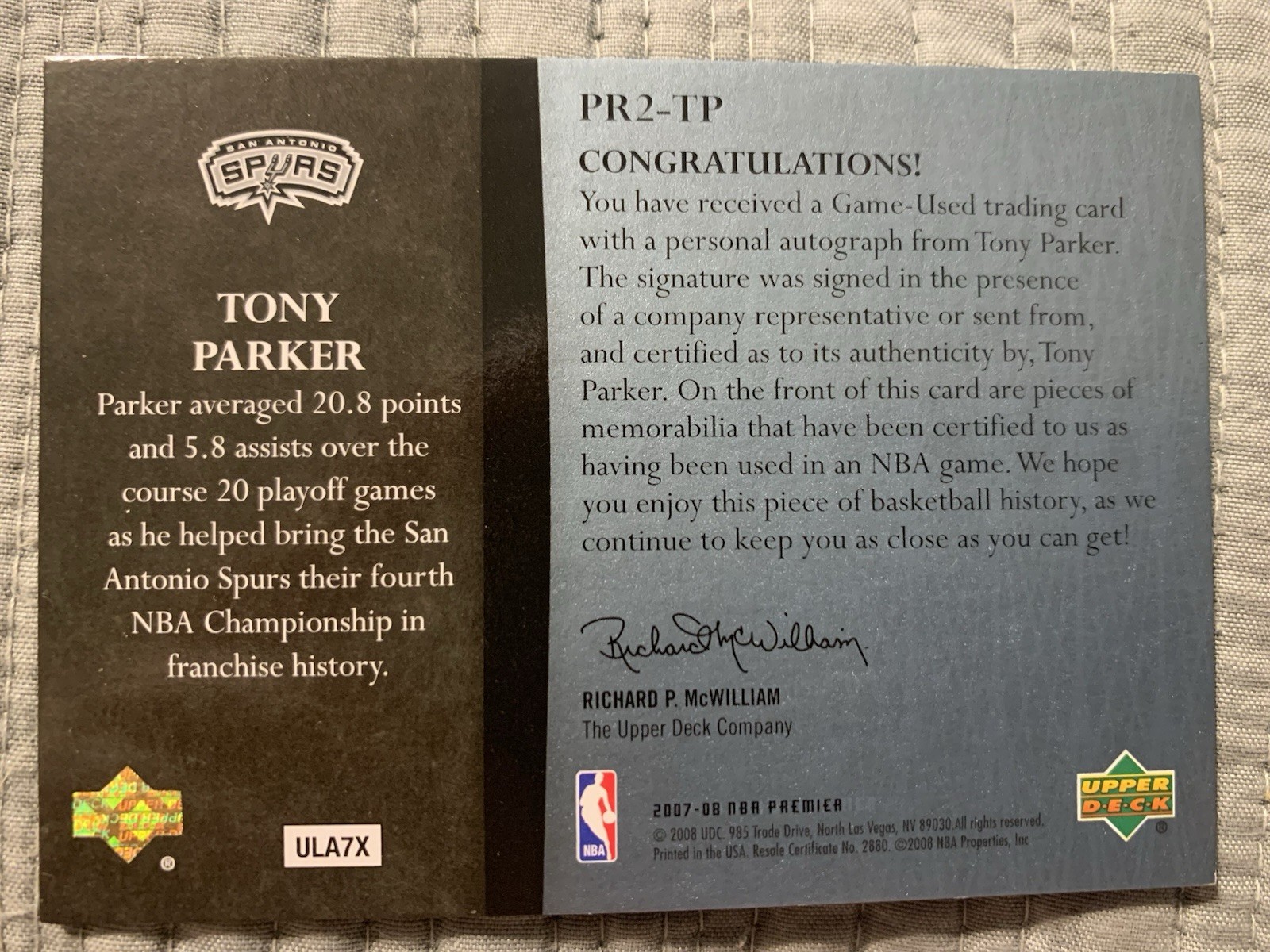 2007-08 UD PREMIER TONY PARKER REMANTS QUAD AUTO GAME USED /25 - Spurs HOF view 2