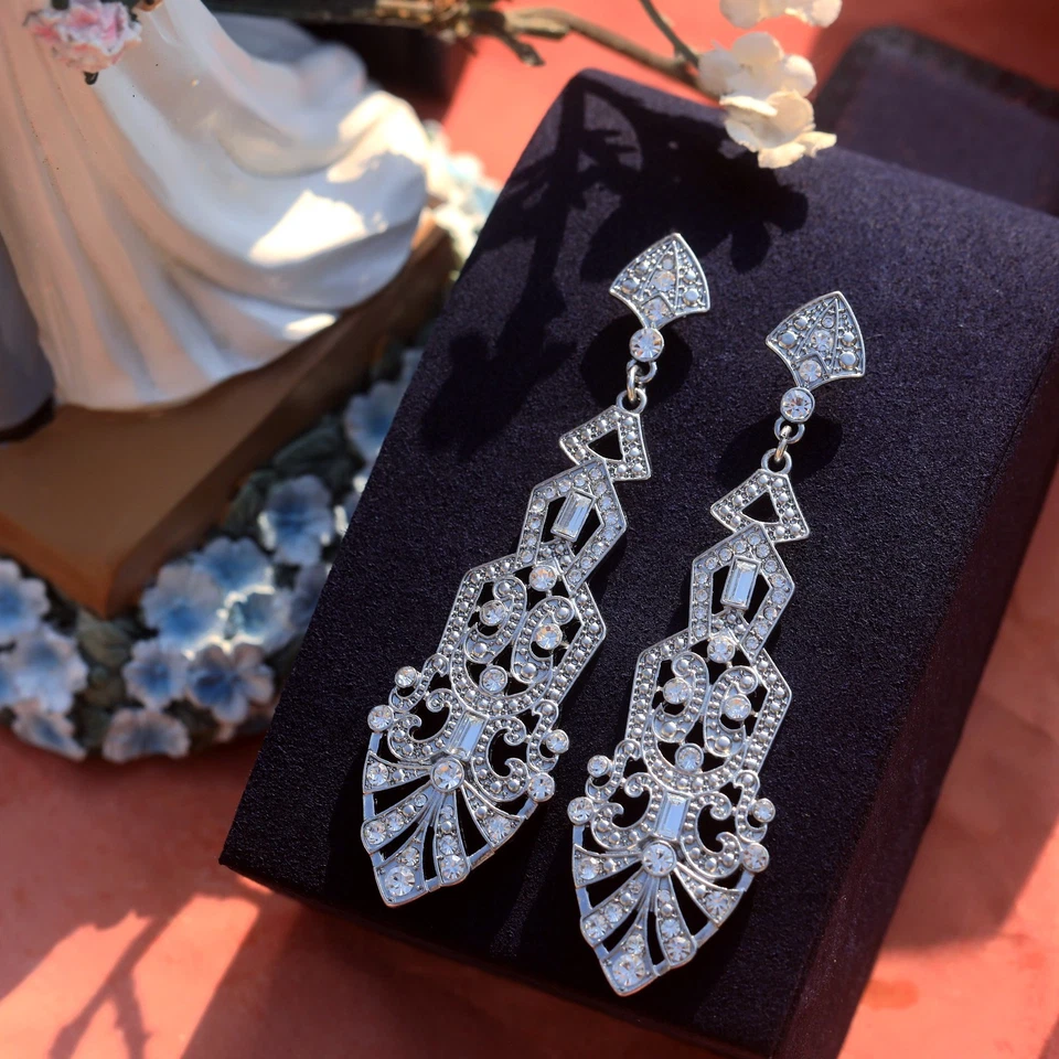 Orecchini A Chiodo Argento Pendenti Lunghi Art Deco Goccia Triangolo QD1 - Immagine 2 di 4