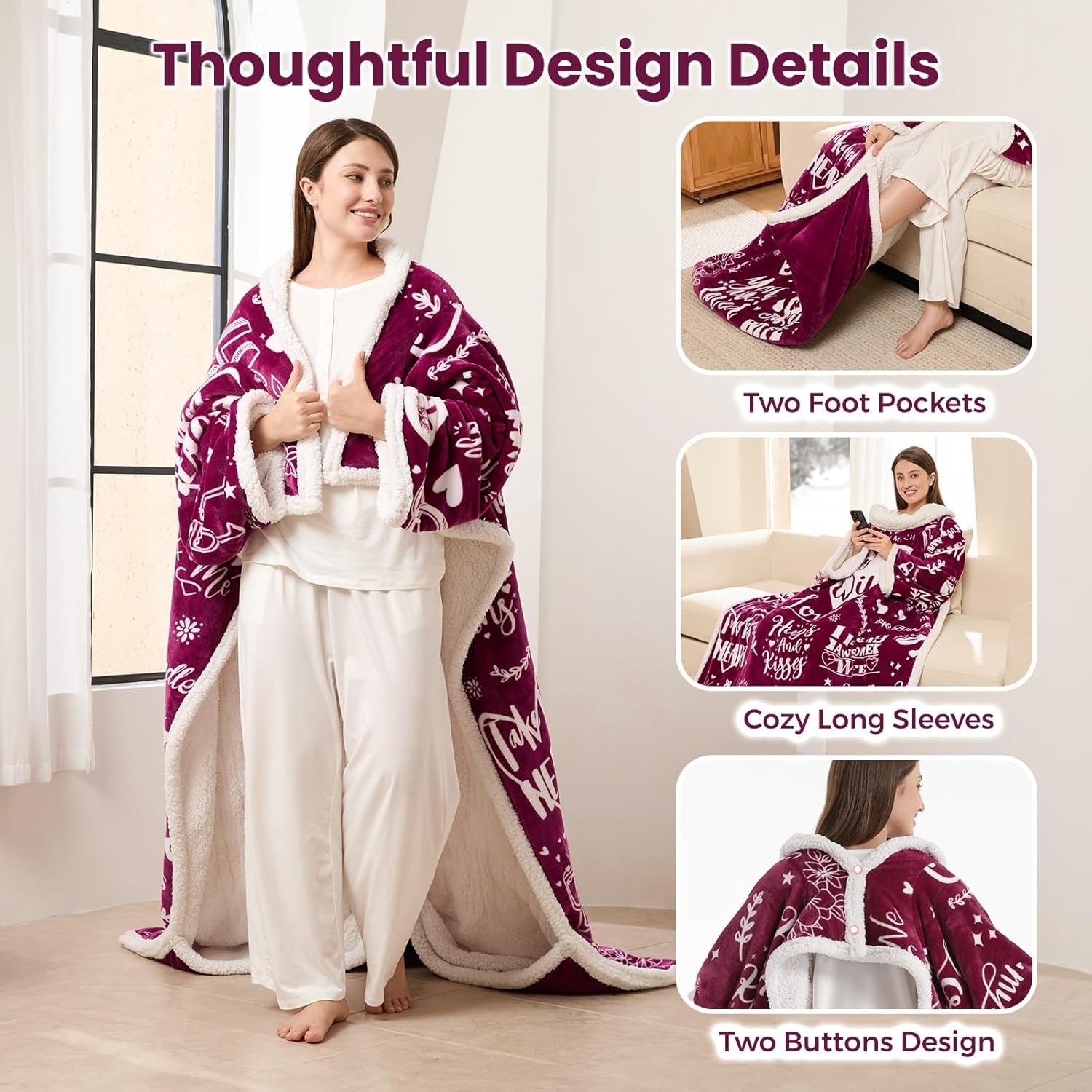 Wearable Heated Electric Blanket w Sleeves & Foot Pocket Soft Sherpa Throw