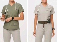 FIGS NWT Scrub Top Reversible Sowa 2 Pockets Bone Sage Technical Collection L