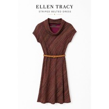 Ellen Tracy Multicolor Striped Belted Sweater Dress Small Mock Neck Fall