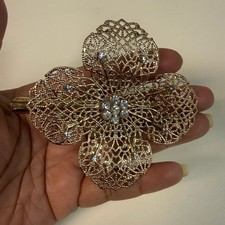 Large Flower Filigree Gold Tone Clear Crystal Hair Clip