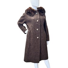 Vintage 50s 60s Brown Boucle Wool Houndstooth Swing Coat Fur Collar Button Front
