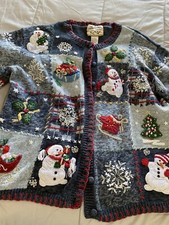 Christmas Sweater Snowman Knit Heirloom Cardigan Womens Medium M Vintage Snowmen