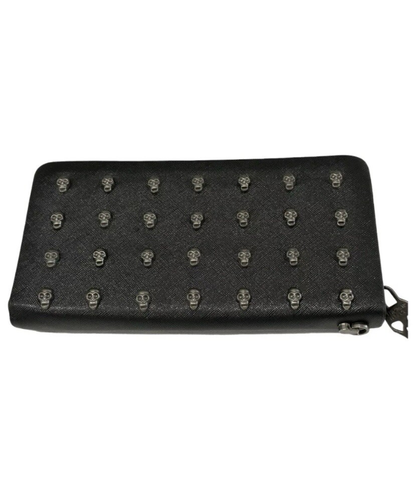 THOMAS WYLDE Metal Skull Black Vegan Leather Wristlet Zip Around