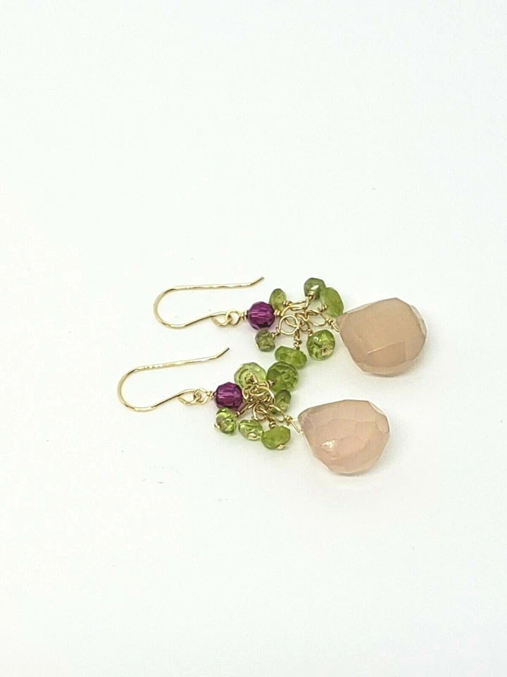 14k Yellow Gold Rose Quartz Briolette, Peridot, Pink Swarovski Dangle Earrings - Image 2 of 3
