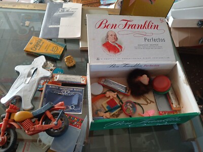 Junk Drawer Lot Reseller Lot Vintage Toys Ben Franklin Cigar Box 